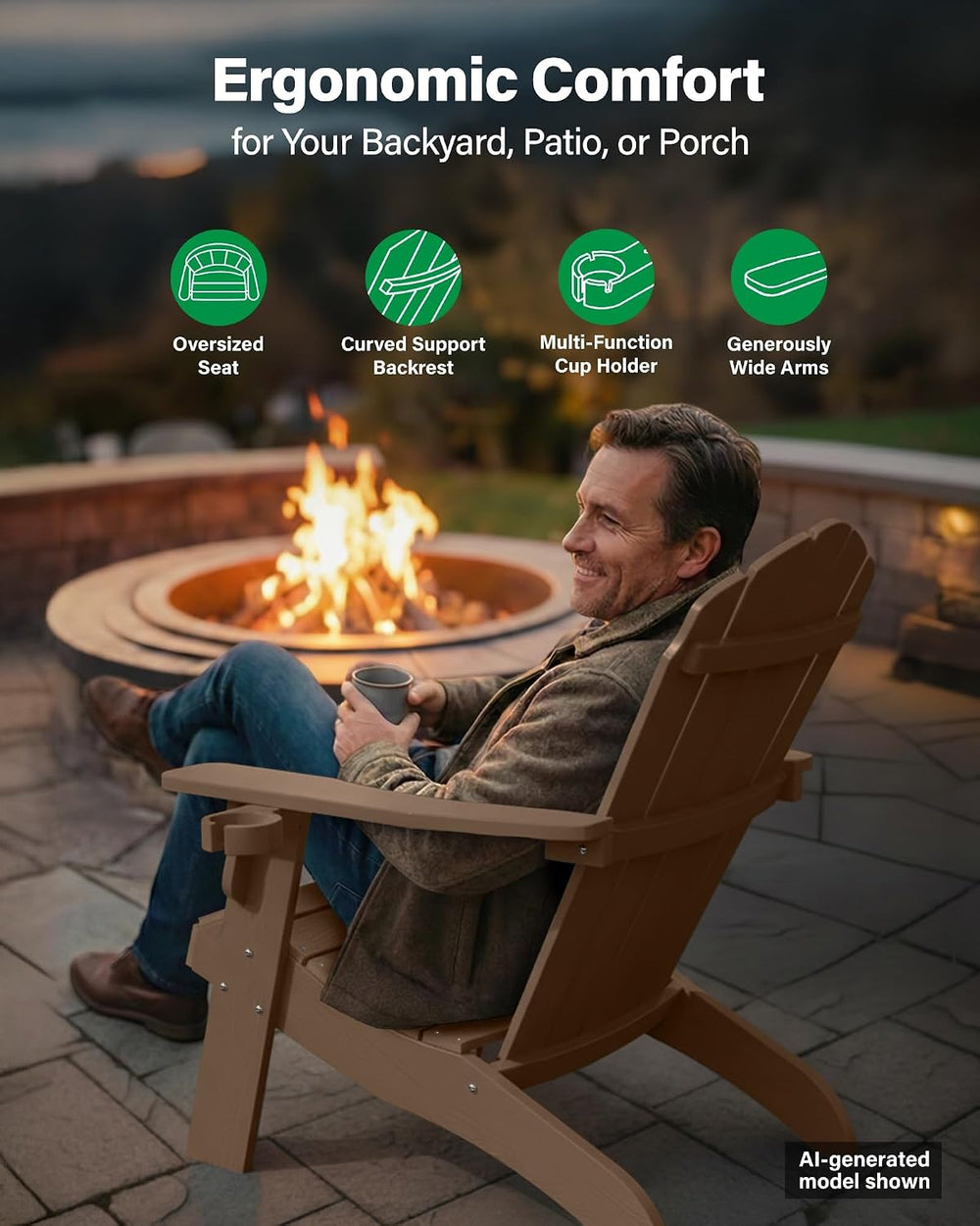 YEFU Oversized Adirondack Chair with Cup-Holder- Teak