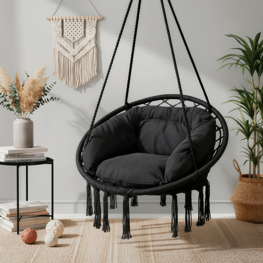 Monibloom Hanging Hammock Chair with Cushion, Macrame Swing Chair, Black