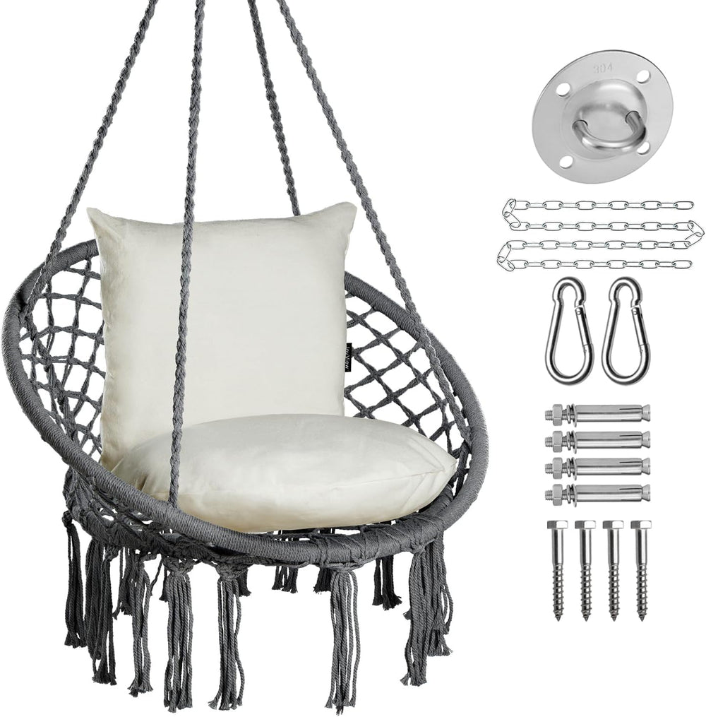 JoyView Macrame Hammock Chair, Hanging Chair with 2 Cushions, Hardware Kit