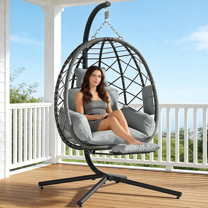 Suteck Hanging Egg Chair with Adjustable Footrest & Stand, Grey