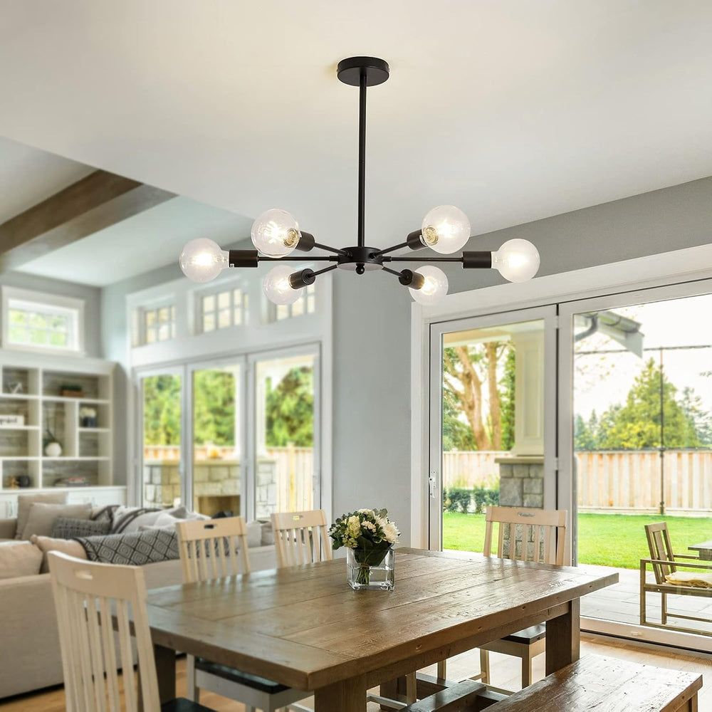 UOFUS Sputnik 6 Light Chandelier Black Mid Century Ceiling Light Fixture Mode...