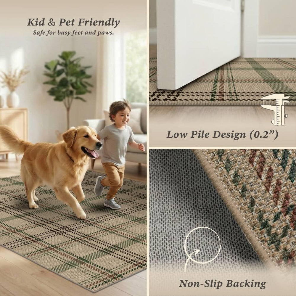 JTJ Easy Jute 3x5 Outdoor Rug, Sage Green Plaid Washable Farmhouse Area Rug