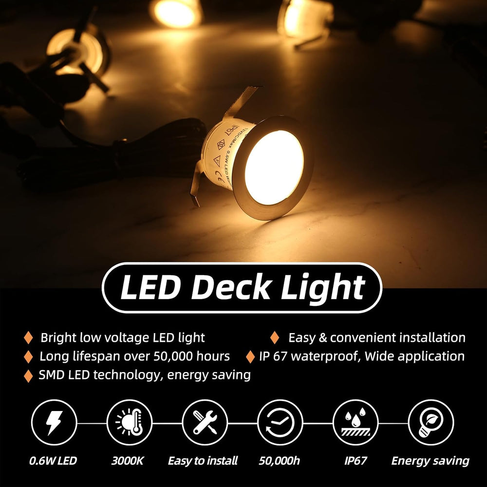 16 Pack Recessed LED Deck Light Kits, 32mm Warm White, IP67 Waterproof 12V Lo...