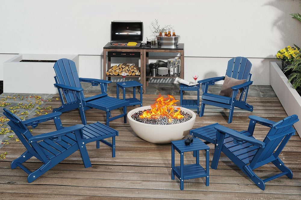 GREENVINES Adjustable Adirondack-Chairs-with-Ottoman Set of 4, HDPE, Blue