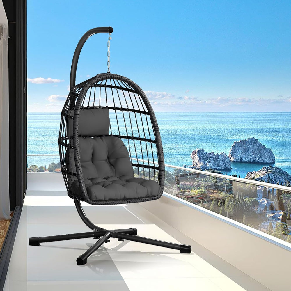 CHABATREE Egg Chair with Stand,Patio Rattan Wicker Hanging Swing Egg Chair Ha...