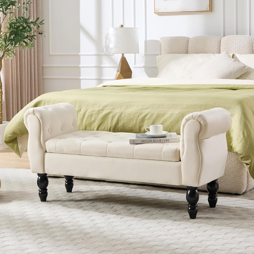 Velvet Upholstered Storage Bench with Arms and Wooden Legs, 47.6" Modern...