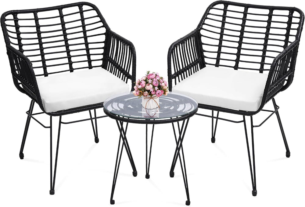 KROFEM 3 Piece Wicker Patio Bistro Furniture Set, Black