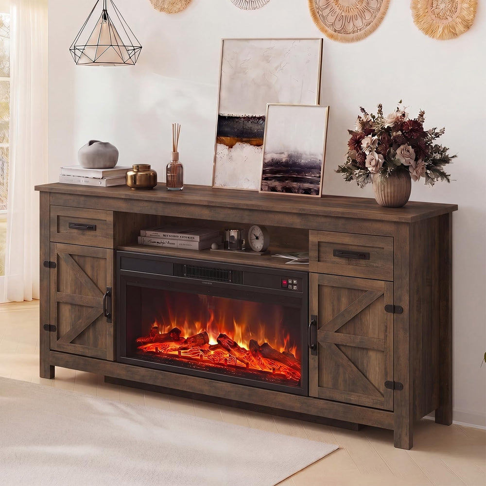 Fireplace TV Stand, 70" Farmhouse TV Stand with Barn Door for 80" T...