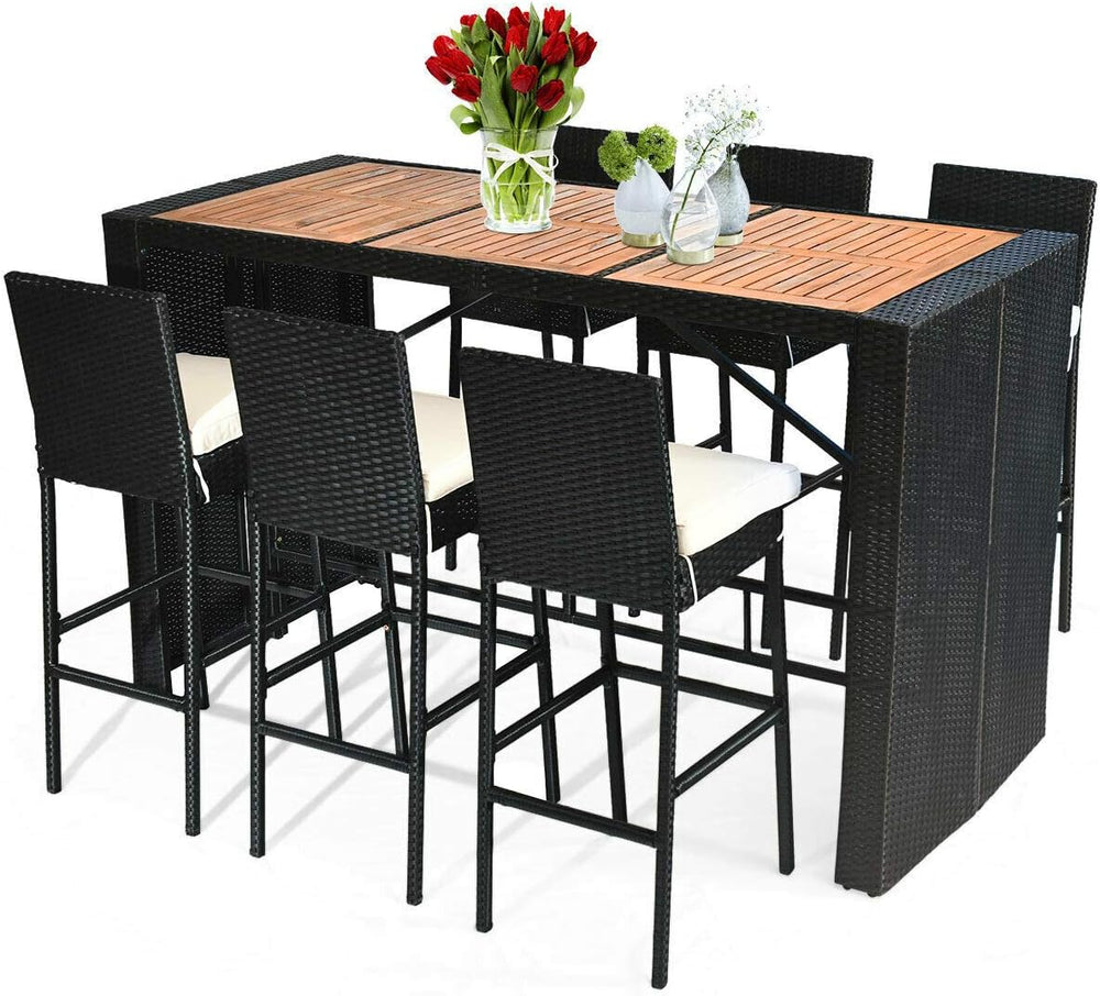 Tangkula 7 PCS Outdoor Wicker Furniture with Acacia Wood Bar Table Top and Re...