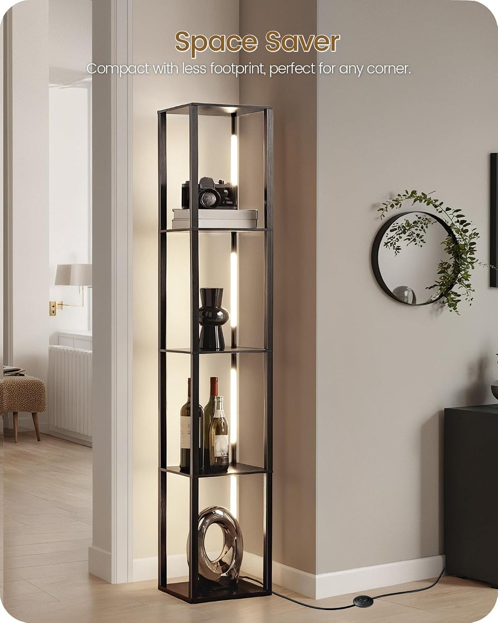 64.2" Display Shelf with Light, Modern Corner Floor Lamp with Shelves, 3...