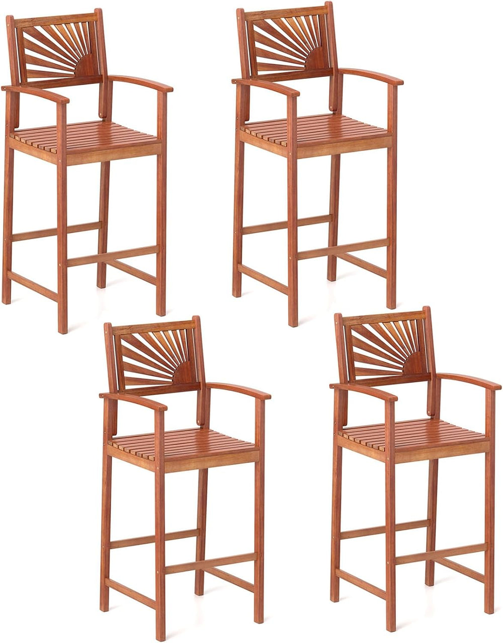 COSTWAY 29'' Outdoor Acacia Wood Bar Chairs Set of 4 with Back and Ar...