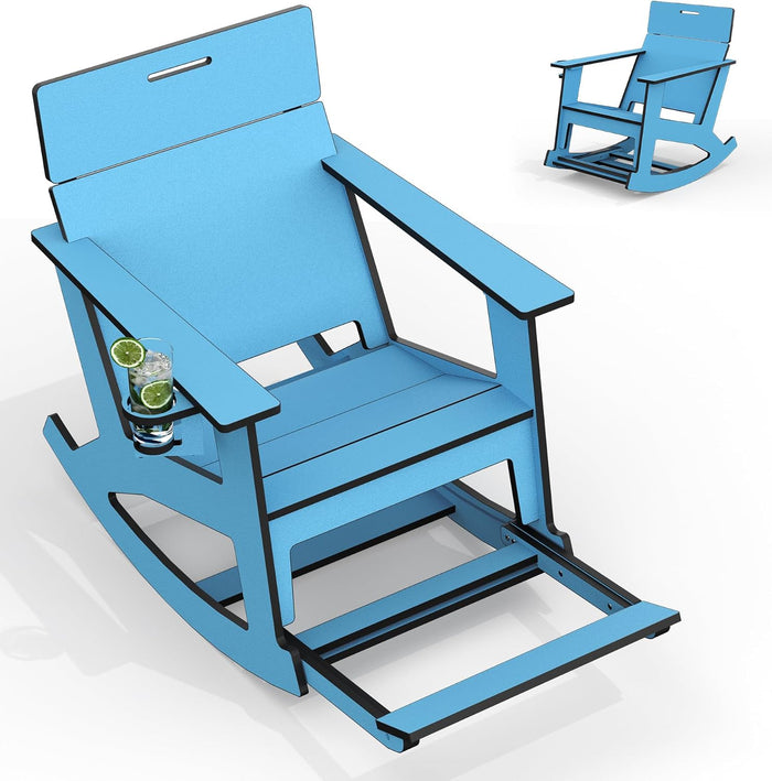 Ciokea Outdoor Rocking Chair with Pull-Out Footrest, Solid Backrest, Blue