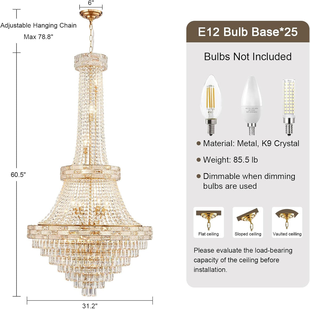 Large Luxury Gold Crystal Chandeliers 25 Lights Modern Chandelier for High Ce...