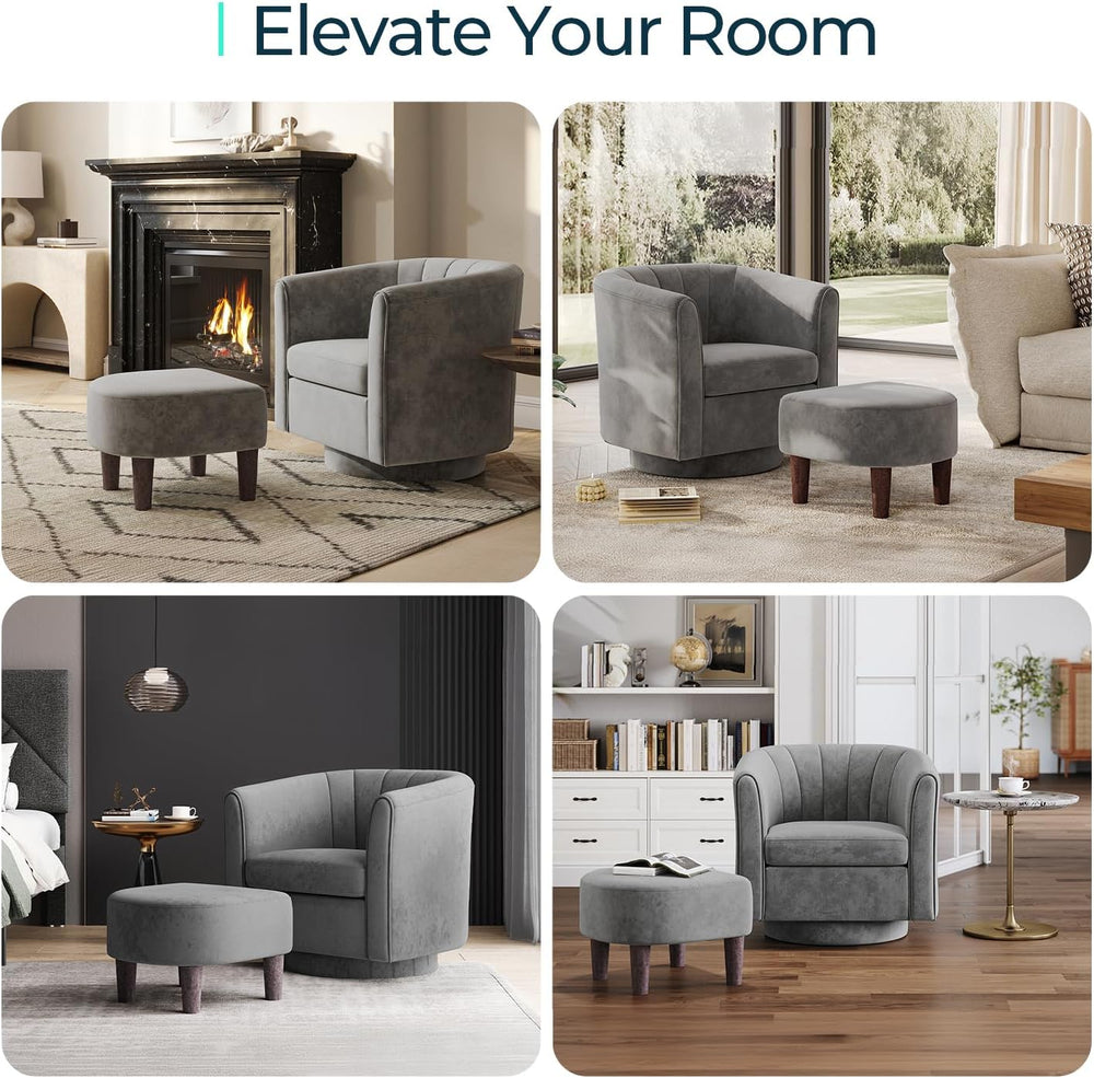 LINSY Large Swivel Accent Chair with Ottoman, Velvet Barrel Chair with Footre...