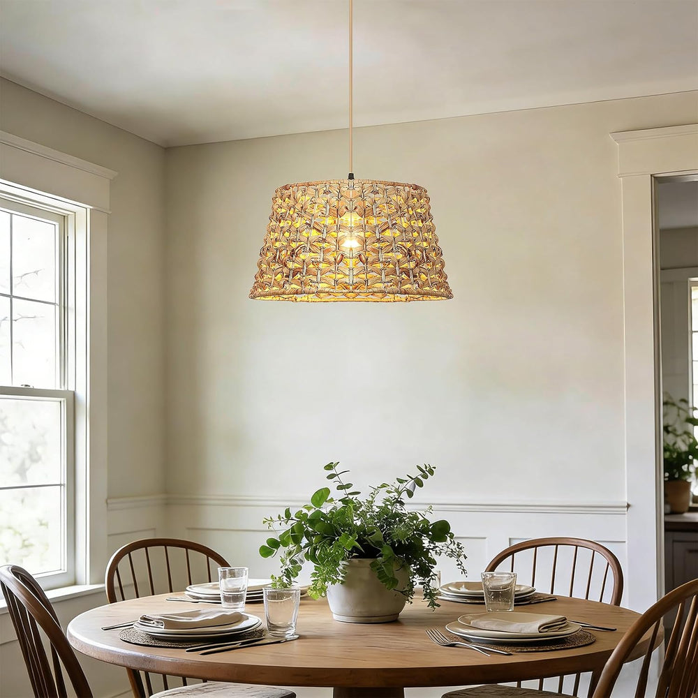 Rattan Pendant Light, 15.8" Boho Wicker Chandelier, Hand-Woven