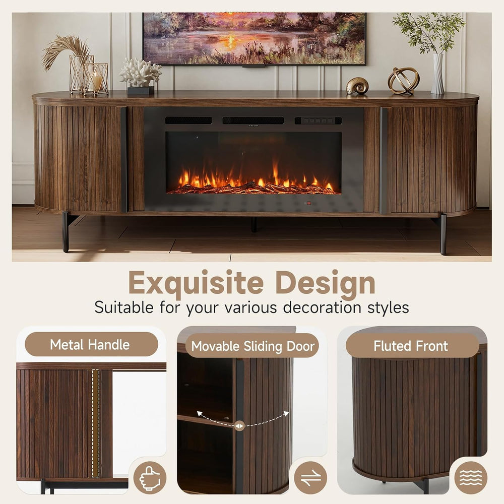 Luxury Fluted TV Stand with Fireplace, 70 inch, Brown