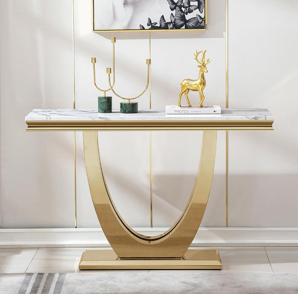 46.85" White Marble Console Table for Living Room, Faux Marble Sofa Tabl...
