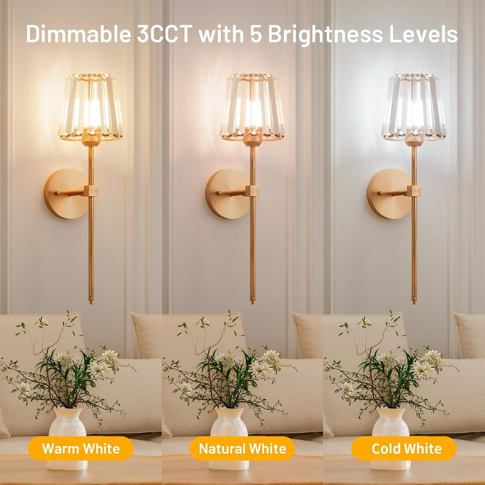 Crystal Battery Operated Wall Sconces Set of 2, Gold Sconces Wall Decor