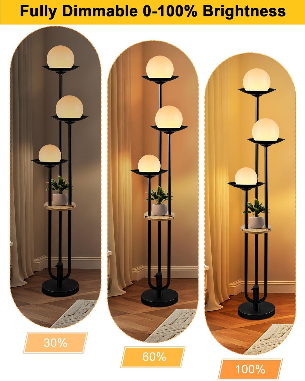 63IN Globe Floor Lamp with Table, 3-Lights Modern Dimmable Floor Lamps with 3...