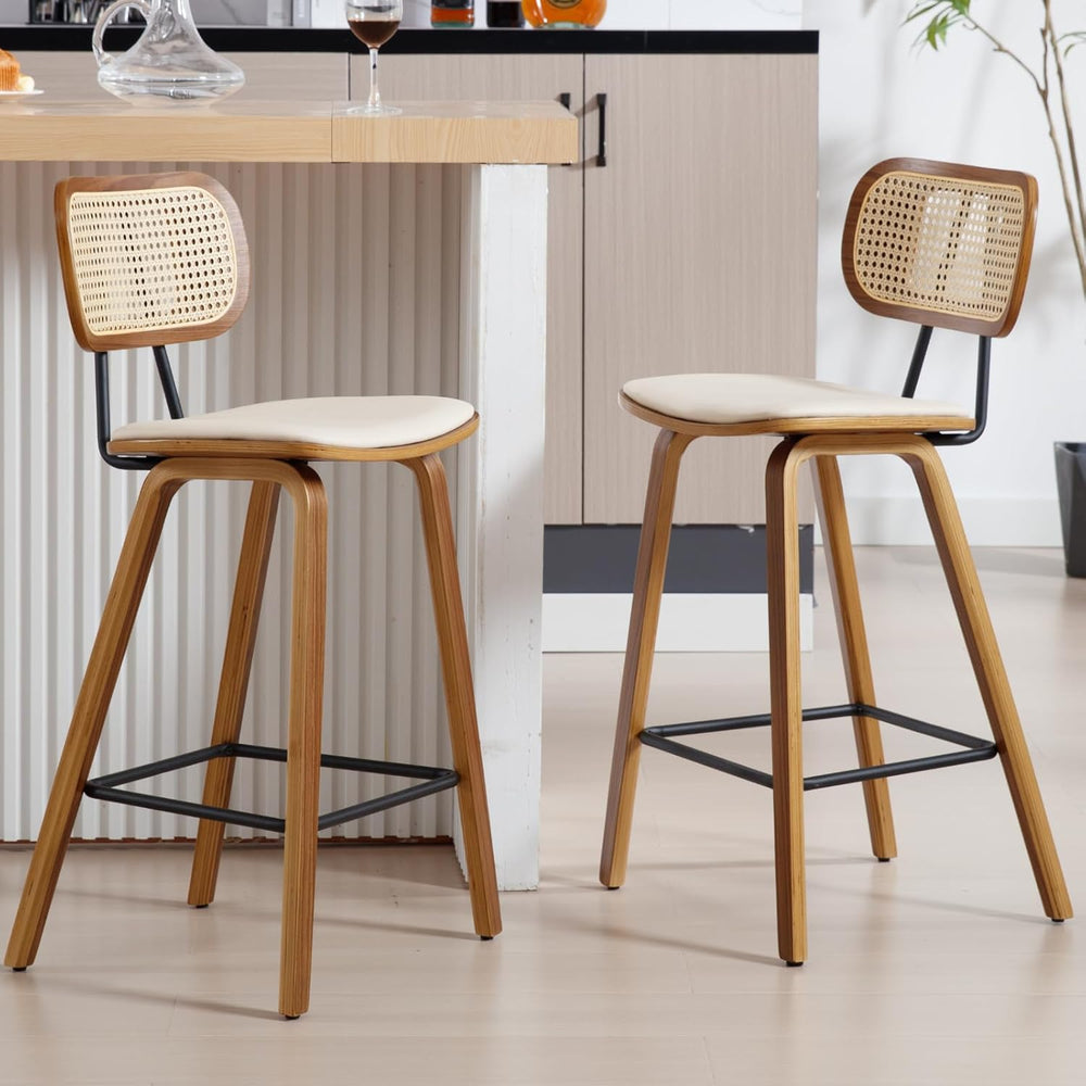 Ya-Home Mid-Century Bar Stools Set of 2, 26 Inch PU Leather Barstools with Op...