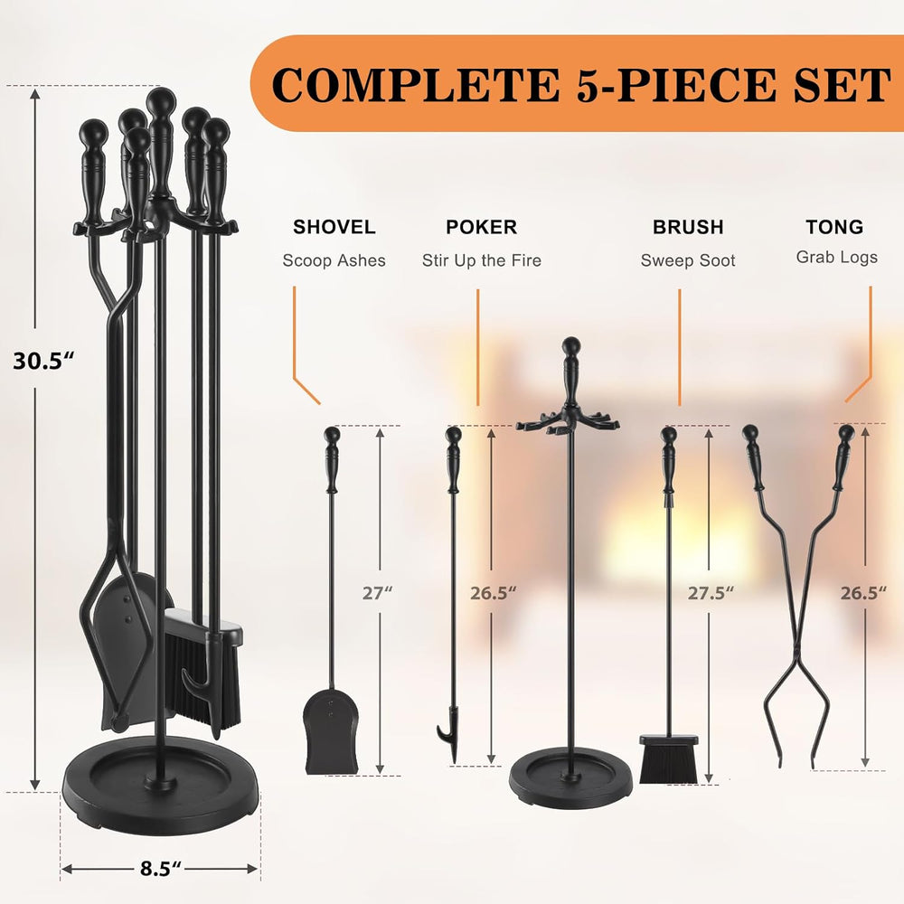 Gtongoko Fireplace Tools Set 5 Pcs 30.5 Inch Black Wrought Iron Large Fire Pl...