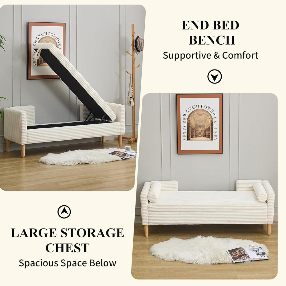 NIOIIKIT 65" Corduroy Upholstered Storage Ottoman Bench with Pillows White