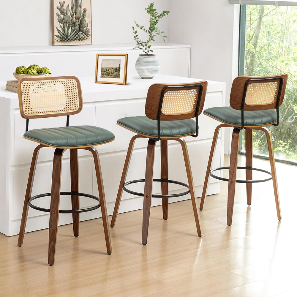Rattan Swivel Bar Stools, Mid Century Bar Stools with Walnut Craftsmanship