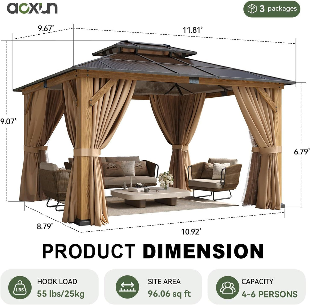 Aoxun 10' x 12' Wood Gazebo with Double Polycarbonate Roof, Natural