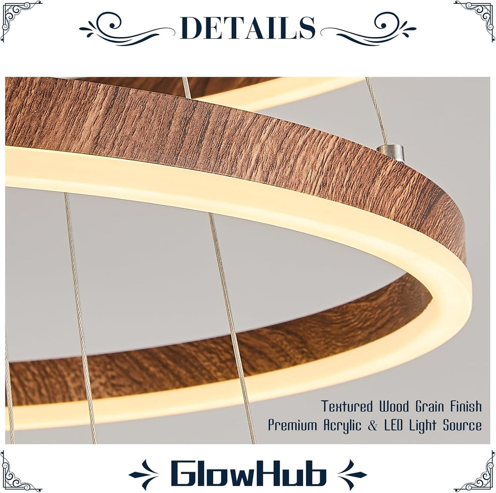GlowHub 3-Ring Modern LED Chandelier, Wood Grain Round Dimmable Pendant Light...