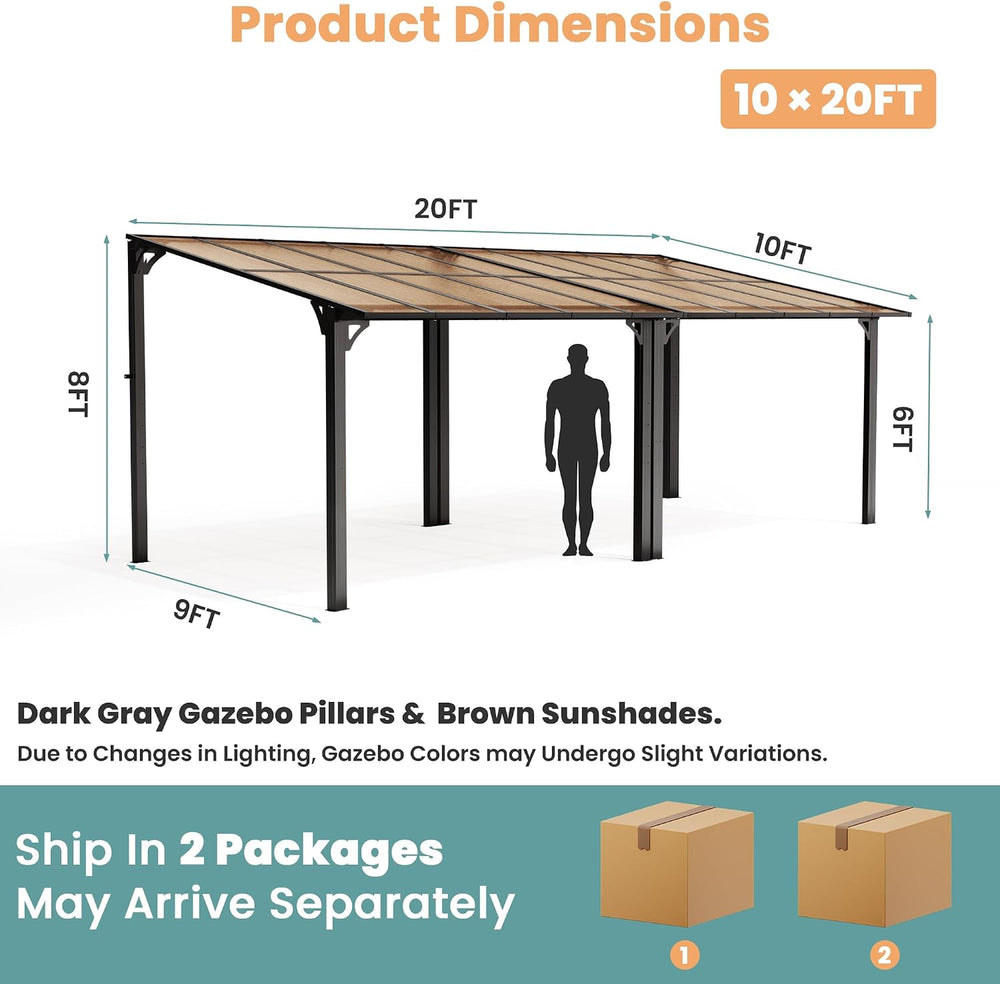 Pamapic 10x20FT Wall Mounted Gazebo, Hardtop Lean to Gazebo with Aluminum Fra...