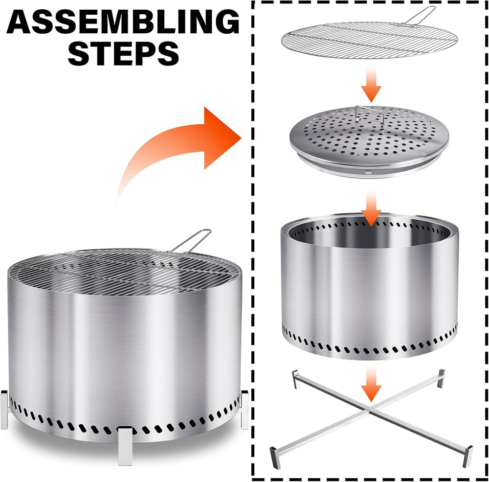 HGD 28 Inch Smokeless Firepit with Stand & Grill Rack, Large Stainless St...
