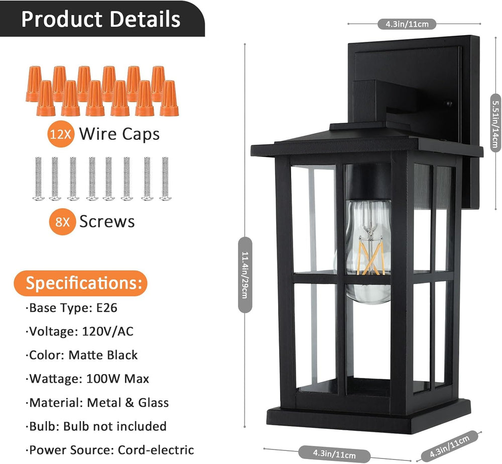 BesLowe 2-Pack Outdoor Wall Light Fixtures, Exterior Porch Lights, Black