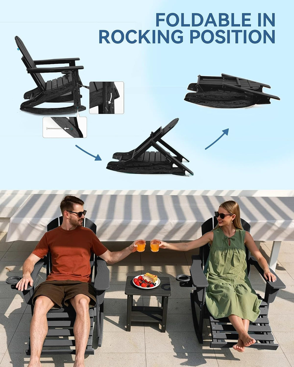 Adirondack Rocking Chair Set of 2 with Retractable Ottoman and Cup Holders, H...
