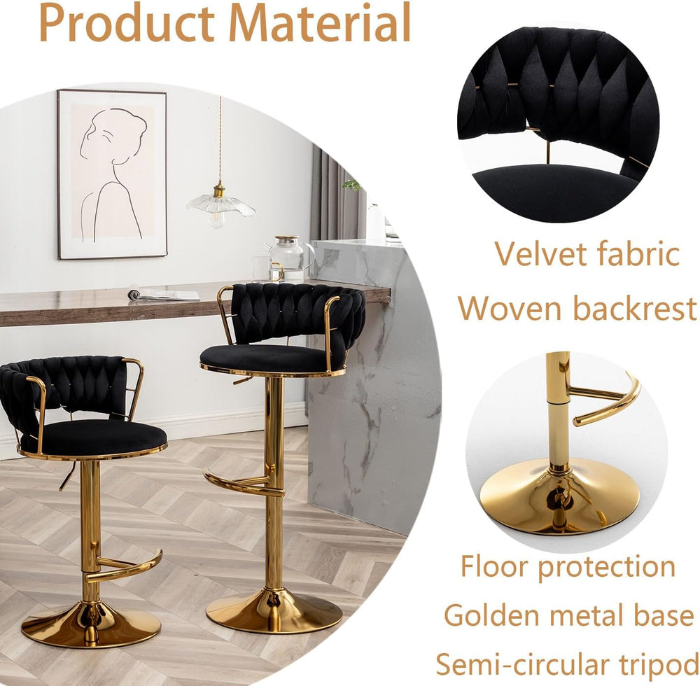 Riknuxi Velvet Bar Stools Set of 3, Counter Height Barstools with Low Back, G...