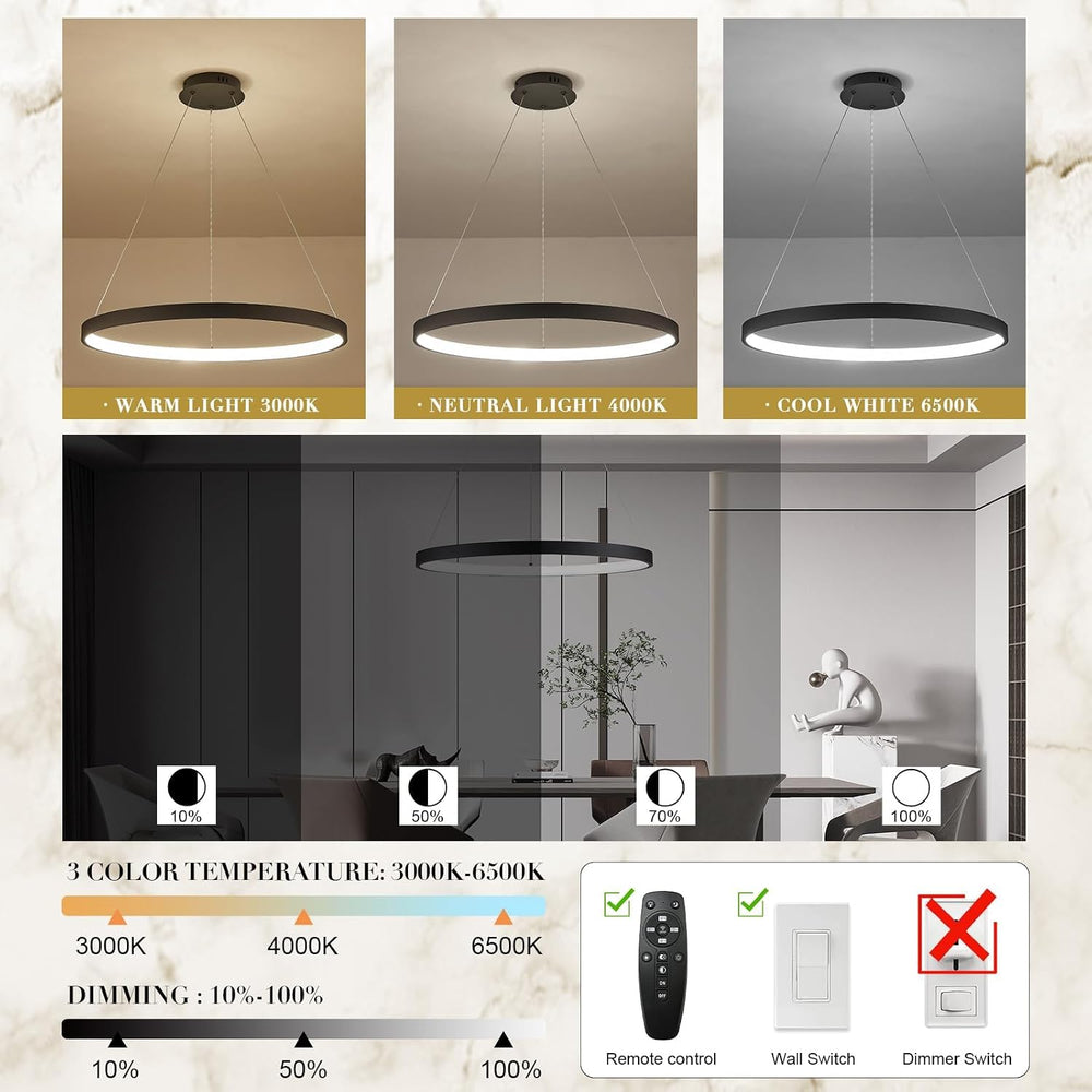 Modern LED Pendant Light Black Ring Chandelier 24" Dimmable Flush Mount ...