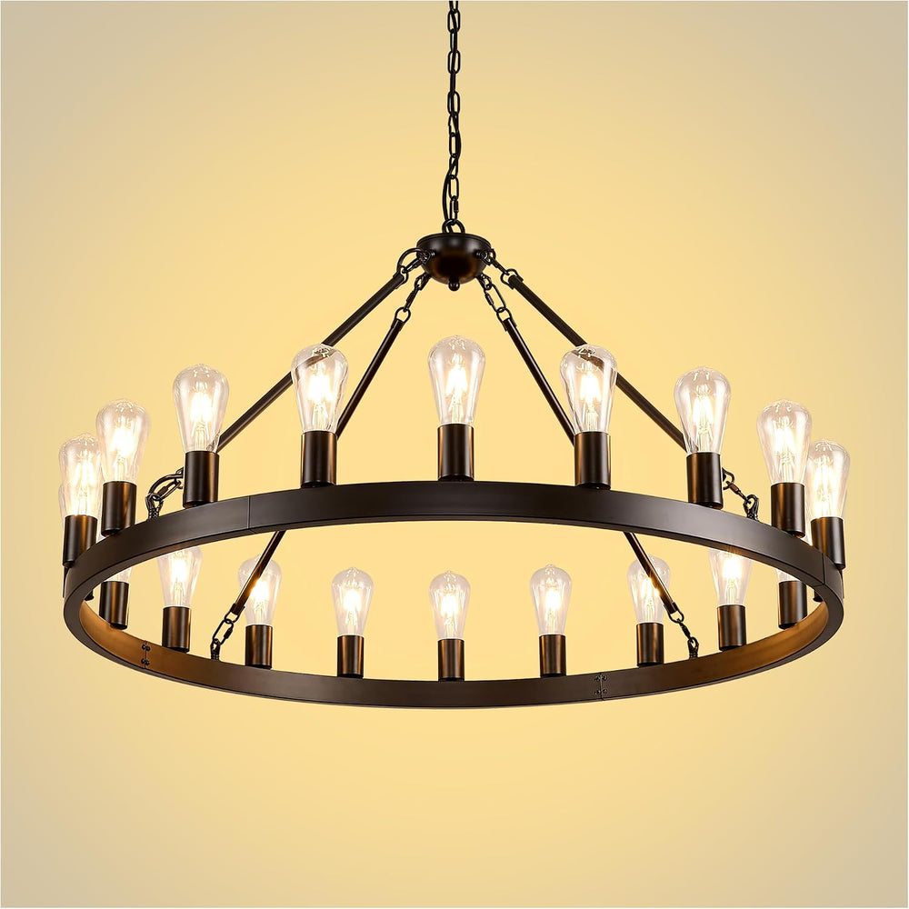 Black Wagon Wheel Chandelier, 40 Inch 20-Light Round Farmhouse Pendant Light ...