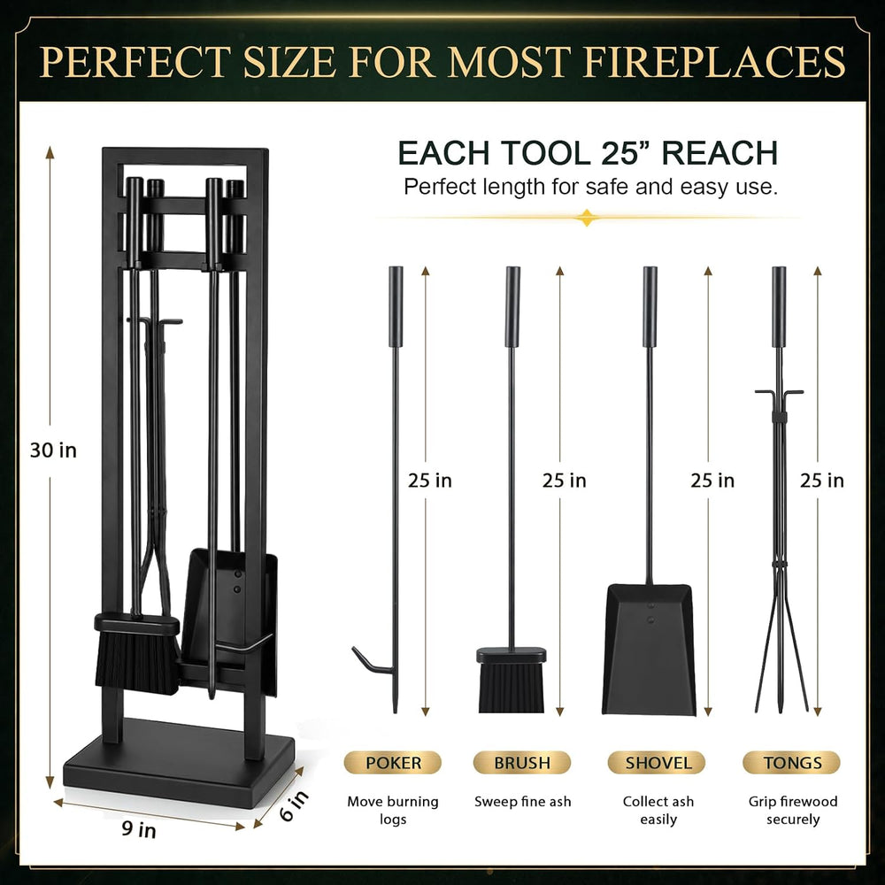 FEED GARDEN 5-Piece Fireplace Tool Set, 30" One-Piece Stand, 10mm Solid