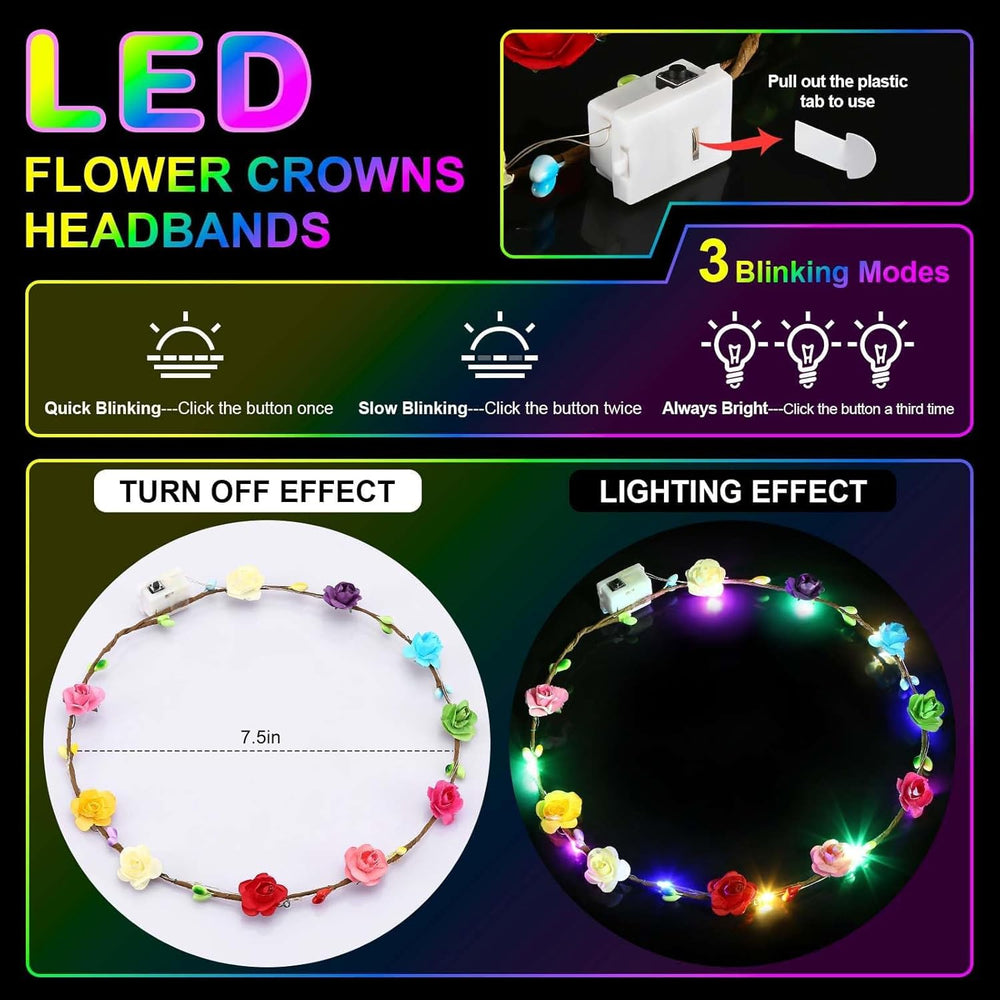 HONLYNE 54 PCS LED Flower Crown Headbands, Light Up Flower Crowns For Women, ...