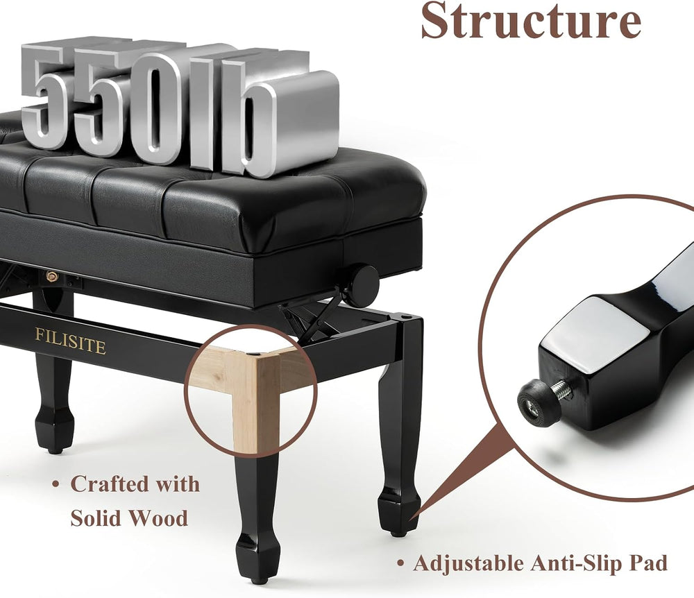 Genuine Leather Duet Piano Bench with Storage,Adjustable Heavy Duty Wooden Do...