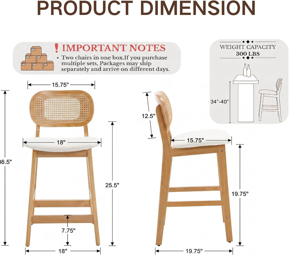 EALSON Rattan Counter Height Bar Stools Set of 3 Modern Farmhouse Barstools w...