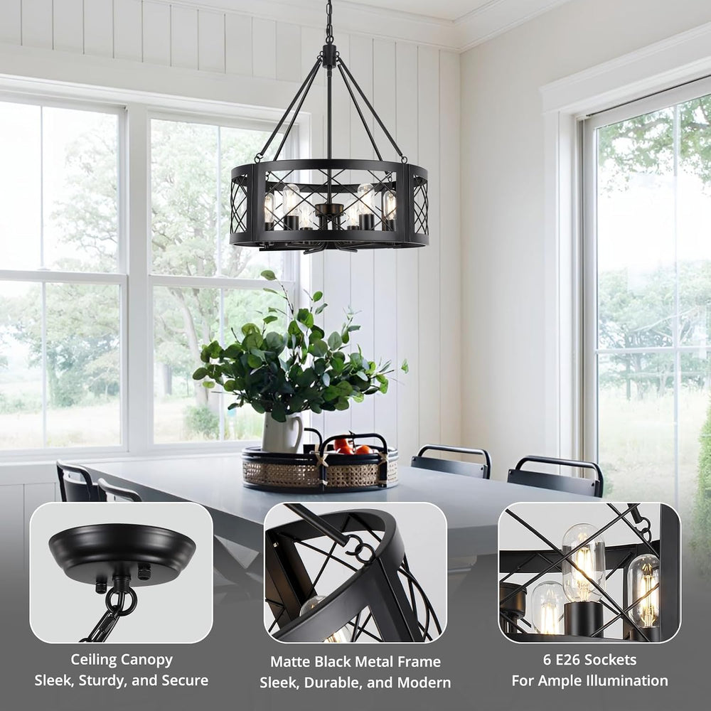 Black Farmhouse Chandelier for Dining Room, 22" Rustic Matte Black Drum ...