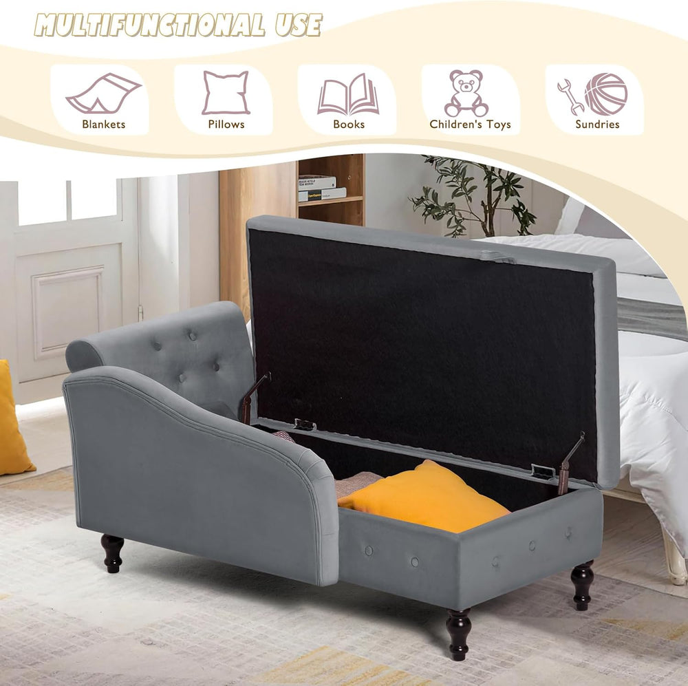 Velvet Chaise Lounge w/Left Armrest & Storage Space, Grey