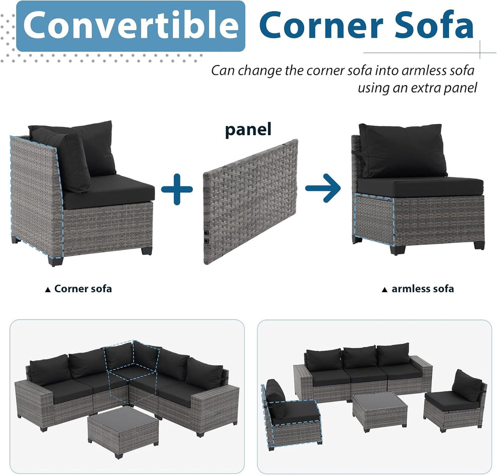 JOIVI 6 PCS Patio Furniture Set, 8" Armrest Outdoor Sectional Sofas, Black