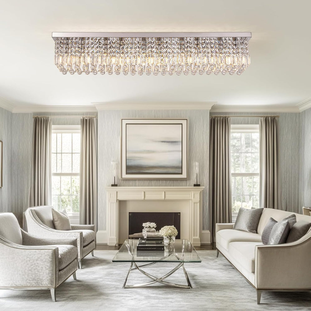 12-Lights Crystal Chandeliers Modern Crystal Rectangular Flush Mount Chandeli...