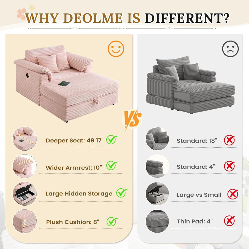 Deolme Oversized Chaise Lounge Chair with Storage Ottoman & USB Ports, Fl...