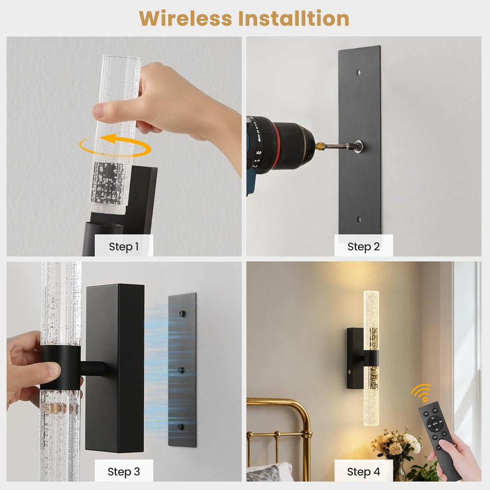 Battery Operated Wall Sconces Set of 2, 12000mAh Black Rechargeable Wall Ligh...