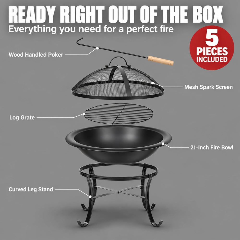 Gas One 22 in Outdoor– Wood Burning Fire Pit with Mesh Lid and Fire Picker – ...