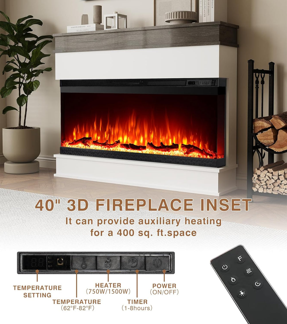 3-Sided View Electric Fireplace Insert - Minimalist Mantel - 12 Color Flame E...