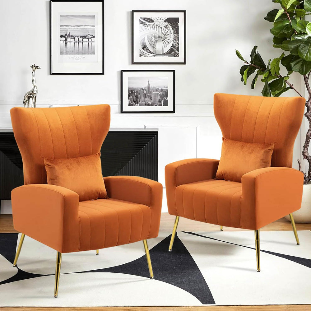 Modern Accent Chairs Set of 2, Wingback Chair with Arm & Gold Legs, Livin...