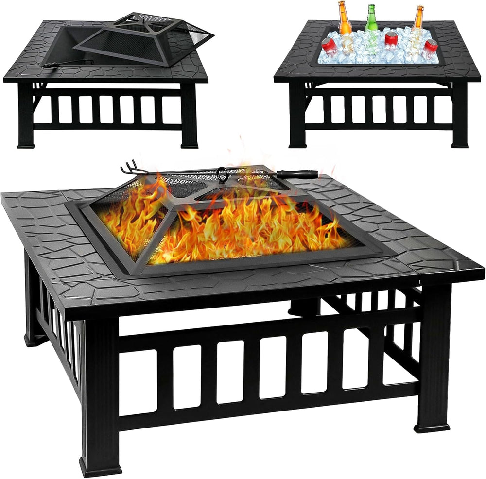 32 Inch Fire Pit Table with Fire Poker & Spark Screen, Outdoor Burning Fi...